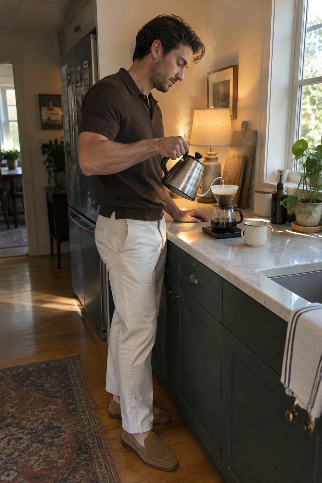 A man in a dark brown short-sleeve knit polo, cream trousers, and brown suede loafers.