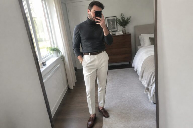 A man wearing a charcoal turtleneck tucked into cream pleated trousers with a brown leather belt, gold watch, and dark brown loafers.