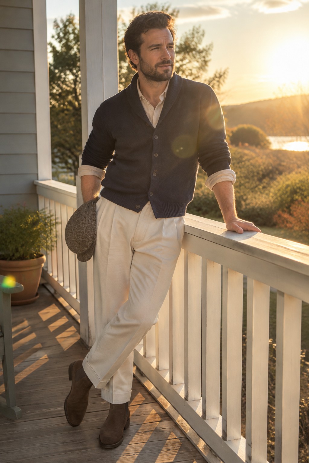 A man wears a navy shawl-collar cardigan over a cream shirt with cuffed cream trousers, brown suede ankle boots, and a brown flat cap.
