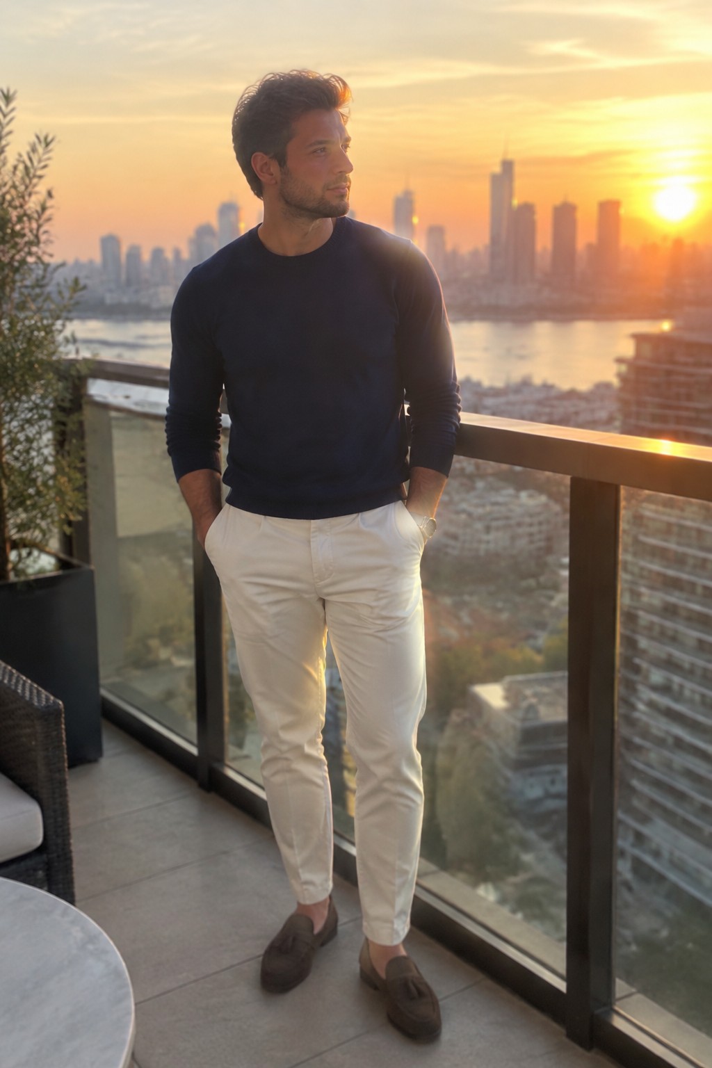 A man wearing a navy crewneck sweater, cream chinos, brown suede loafers, and a wristwatch.