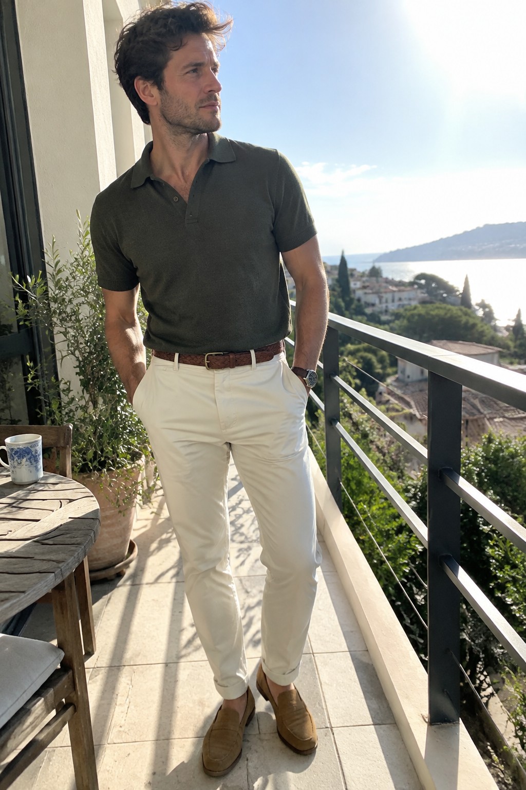 A man wearing a dark olive polo tucked into cuffed cream trousers with a brown belt, brown suede loafers, and a wristwatch.