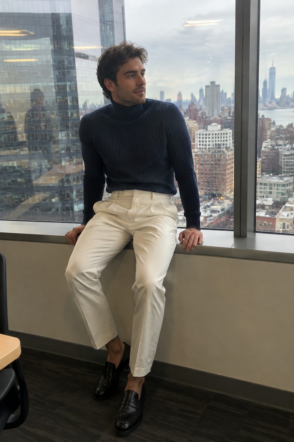Man wearing a ribbed navy turtleneck tucked into high-waisted cream pleated trousers with black leather loafers.