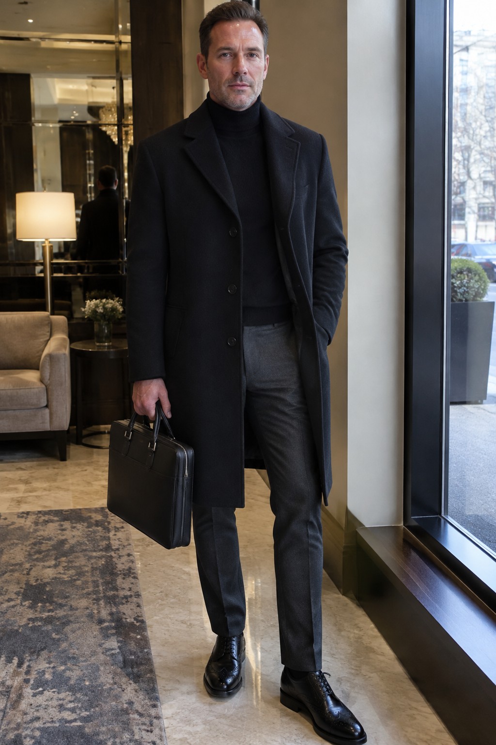 A man wearing a long dark wool overcoat over a black turtleneck and charcoal trousers, carrying a black leather briefcase and wearing black lace-up shoes.