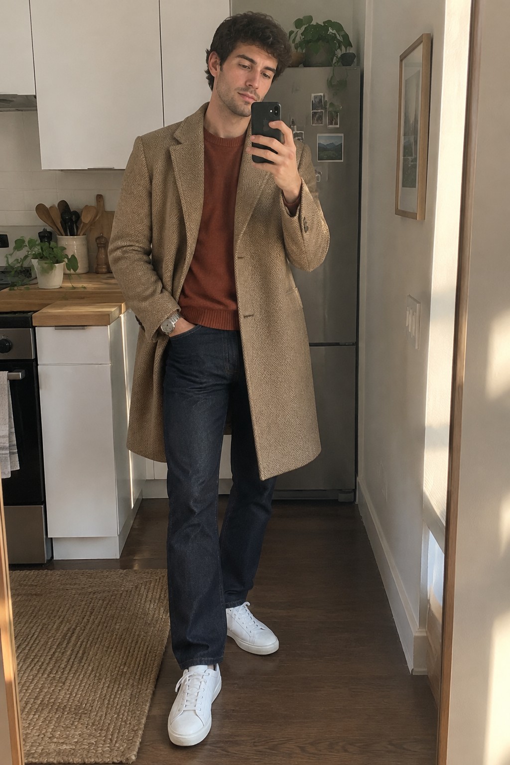 Man wearing a long camel herringbone overcoat over a rust sweater, dark jeans, and white sneakers.