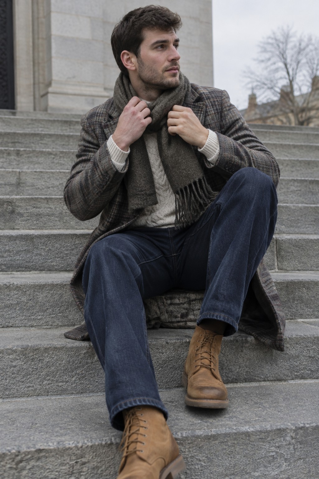 A man wearing a brown and gray plaid long wool overcoat, charcoal scarf, cream cable-knit sweater, dark blue jeans, and brown lace-up boots.