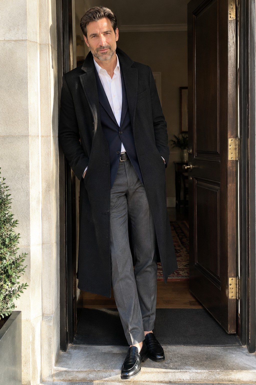 A man wearing a long black overcoat over a navy blazer and white shirt, gray trousers, and black leather loafers.