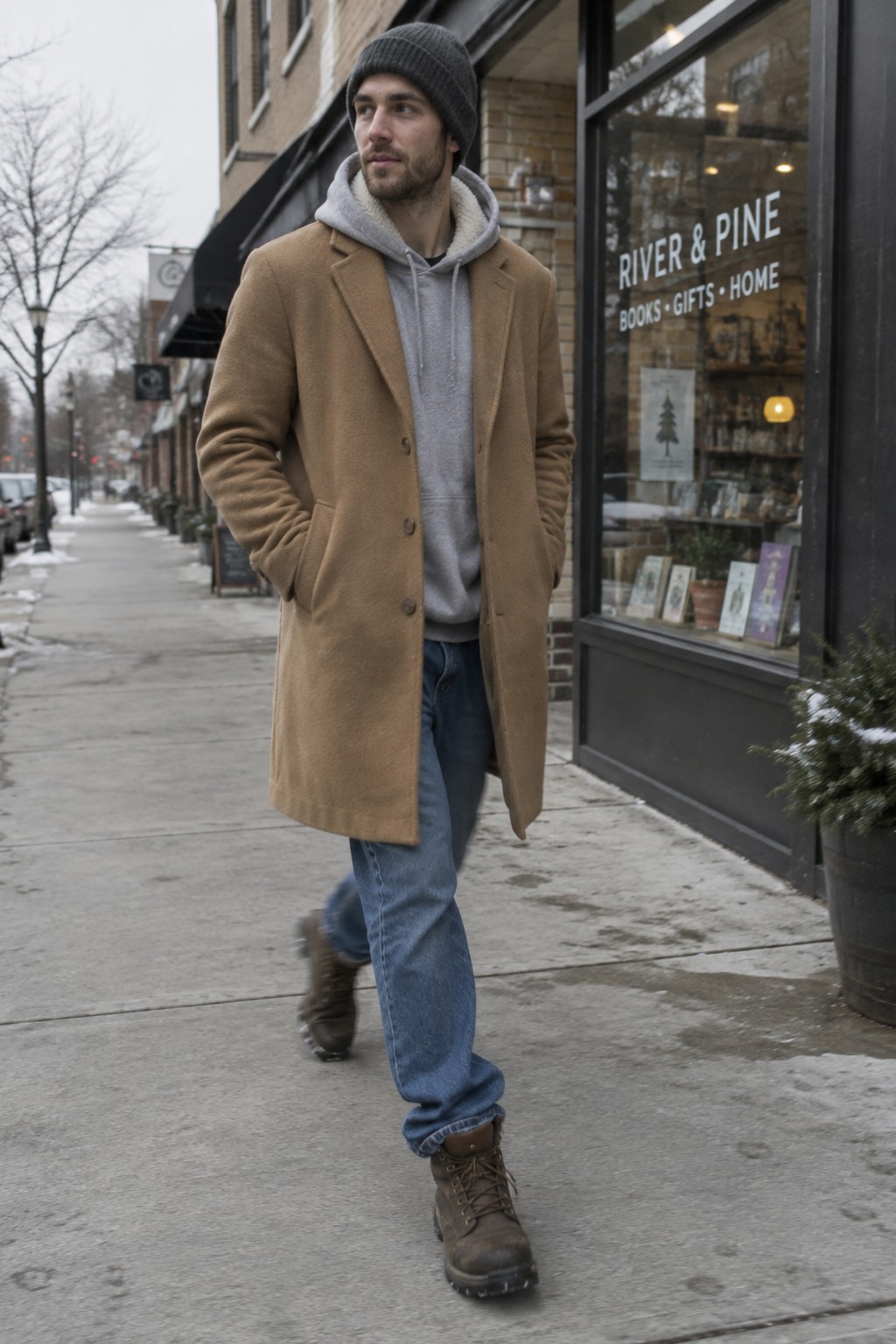 A man wearing a camel long wool overcoat over a gray hoodie, blue jeans, a charcoal knit beanie, and dark brown lace-up boots.