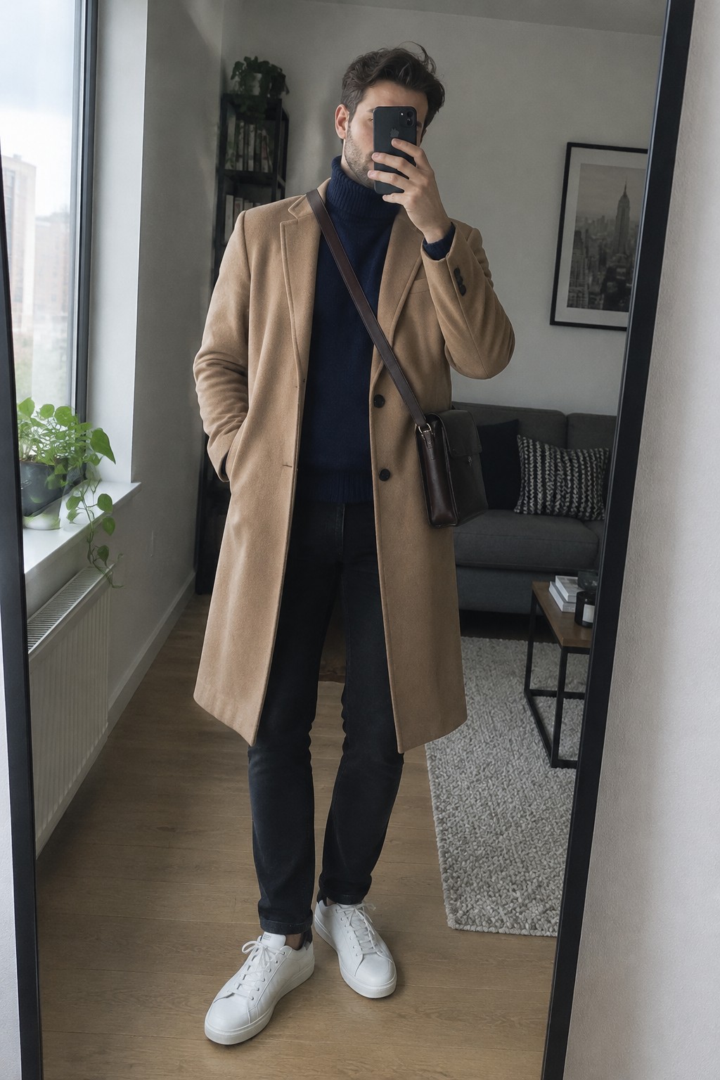 A man wearing a camel longline wool coat over a navy turtleneck, black jeans, white sneakers, and a dark brown crossbody bag.
