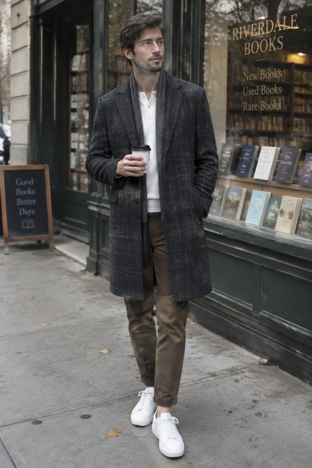 A man wearing a charcoal windowpane long overcoat, white button-neck shirt, brown trousers, and white sneakers.