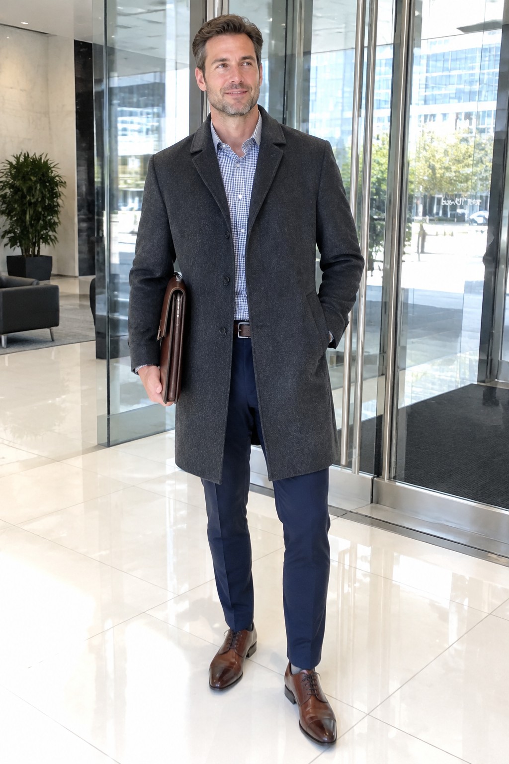 A man wears a charcoal long wool overcoat over a blue checked shirt, navy trousers, and brown leather oxford shoes, carrying a brown leather folio.