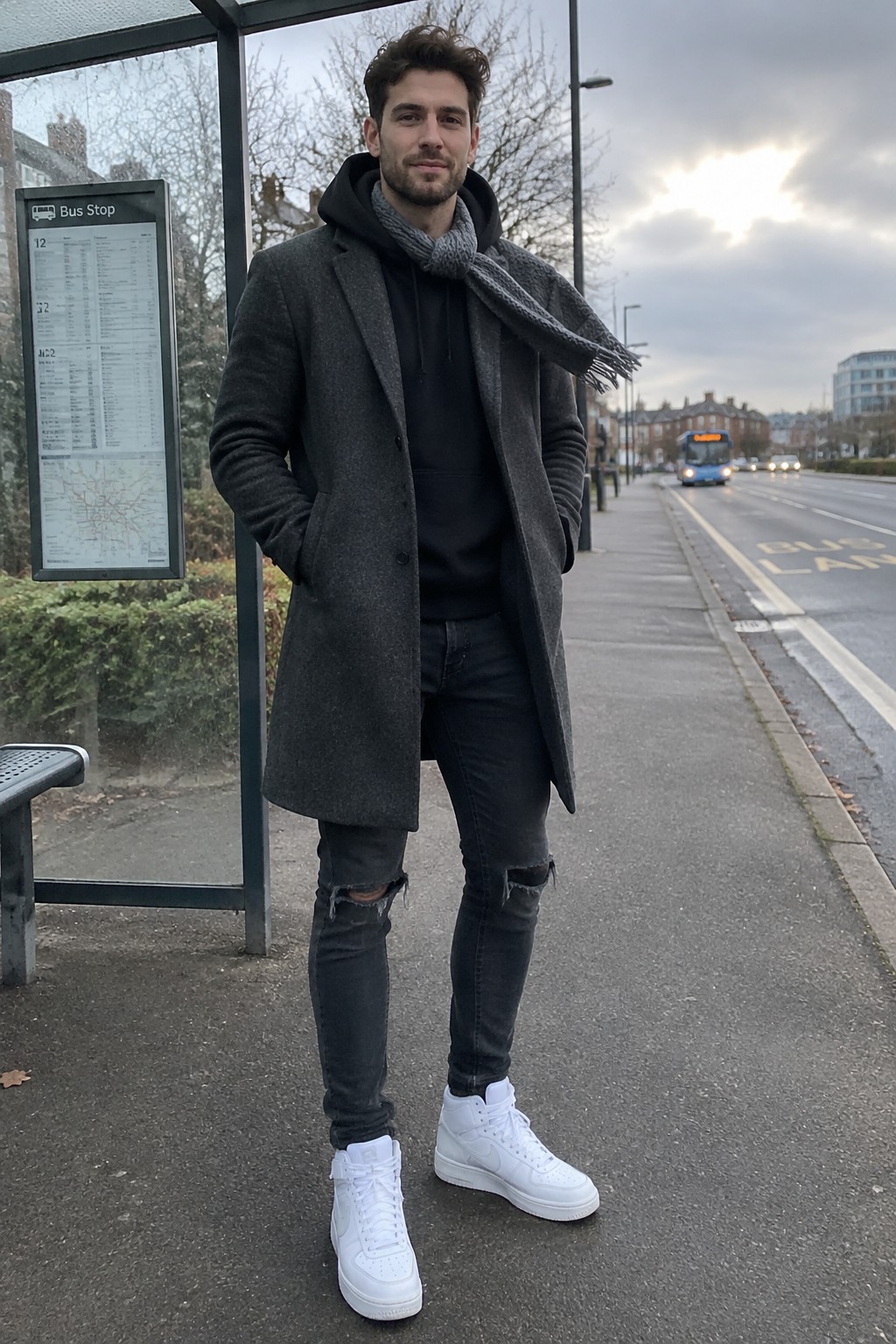 A man wearing a charcoal long wool overcoat over a black hoodie, a gray knitted scarf, ripped black jeans, and white high-top sneakers.