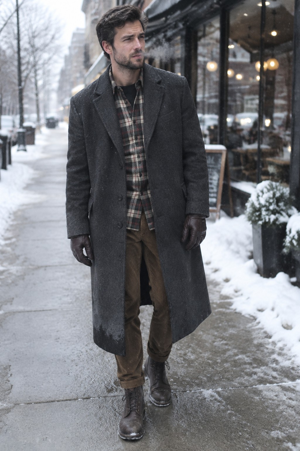 A man wears a long charcoal wool overcoat over a gray and rust plaid shirt and black crewneck, with brown corduroy trousers, dark leather gloves, and lace-up boots.