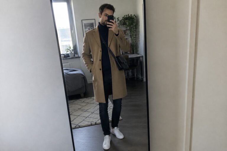 A man wearing a camel longline wool coat over a navy turtleneck, black jeans, white sneakers, and a dark brown crossbody bag.