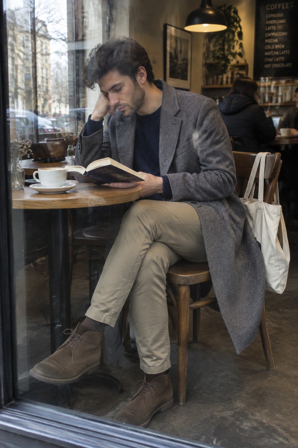 Tall man wearing a long gray wool overcoat, navy sweater, beige trousers, and brown suede lace-up boots.