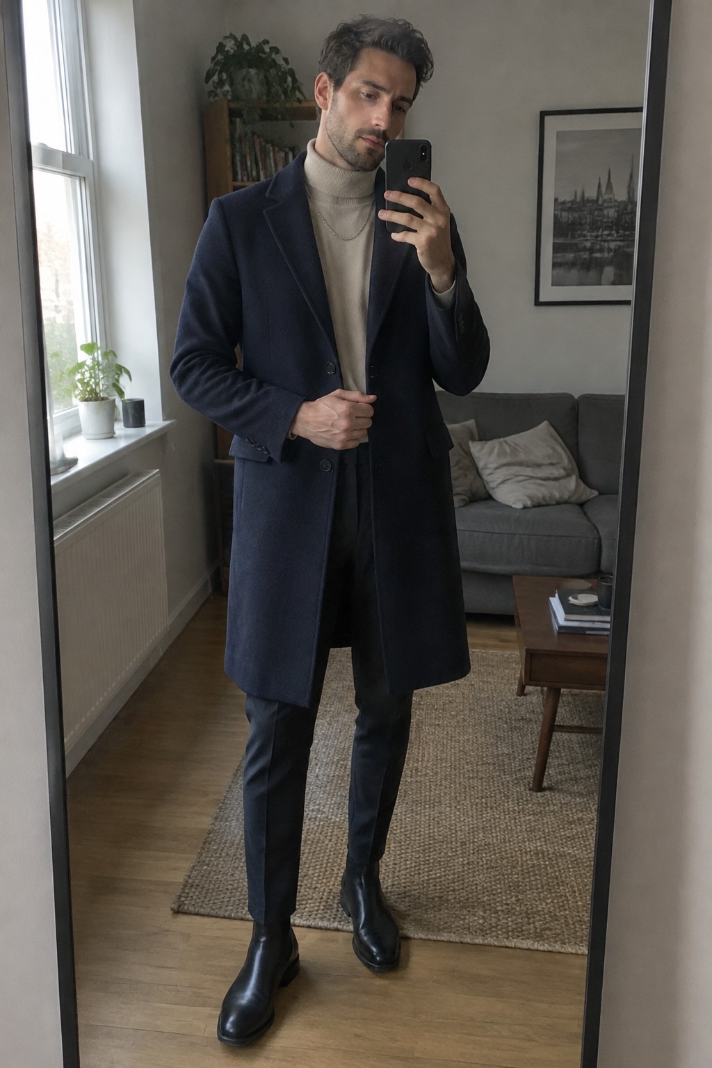 A man wears a long navy wool overcoat over a beige turtleneck, dark trousers, and black Chelsea boots.