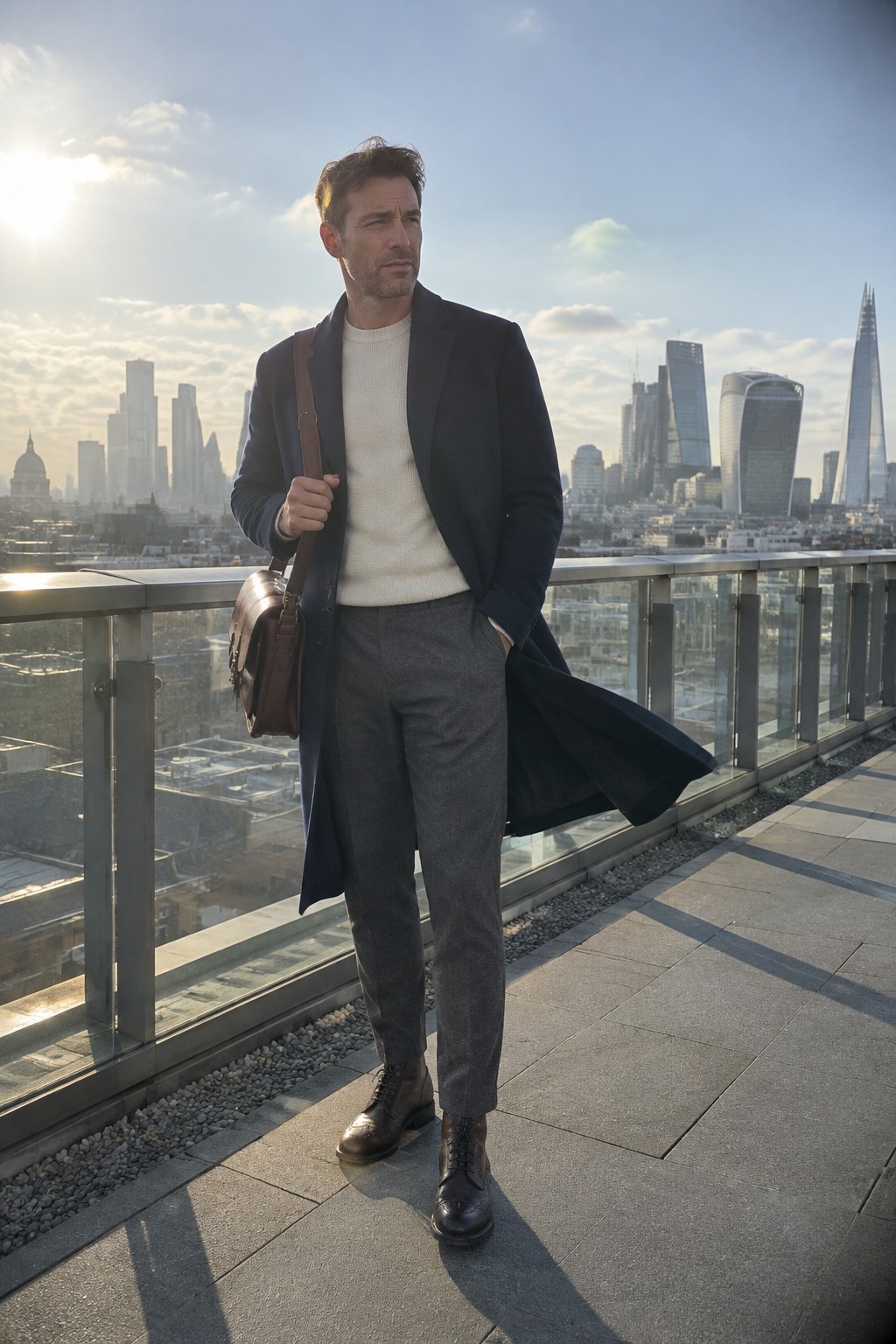 A man wearing a long navy wool overcoat over a cream sweater, gray trousers, brown leather boots, and a brown crossbody bag.