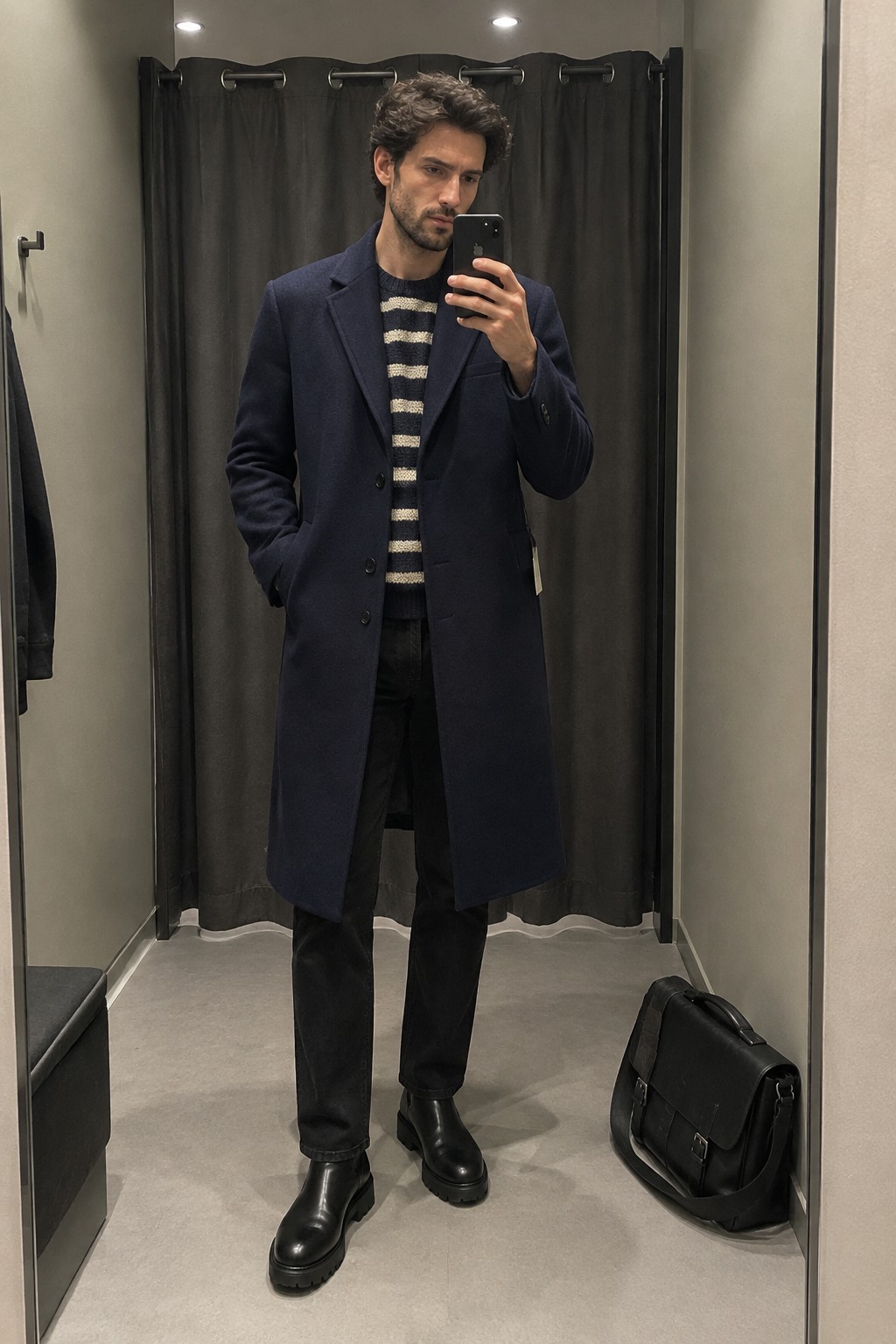 A man wears a long navy wool overcoat over a navy and cream striped sweater, black jeans, and black Chelsea boots, carrying a black leather shoulder bag.