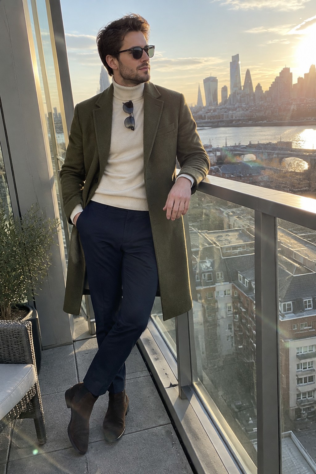 A man wearing an olive long wool overcoat, cream turtleneck sweater, navy trousers, brown suede Chelsea boots, and sunglasses.