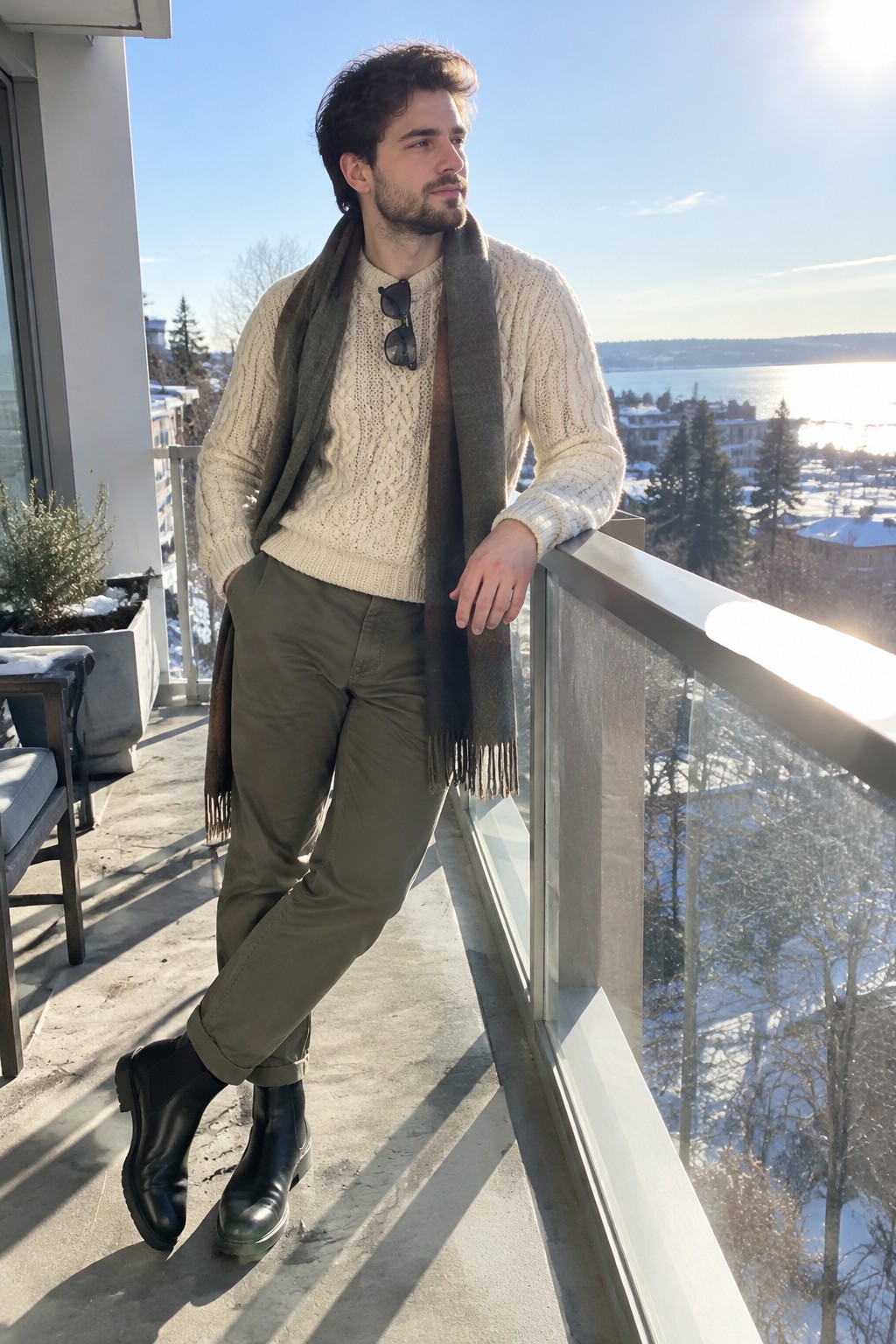 A man wearing a cream cable-knit sweater, olive trousers, a dark olive scarf, and black Chelsea boots.