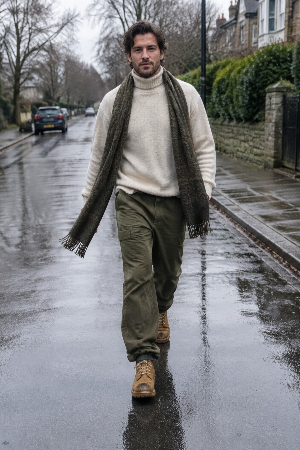 Man wearing a cream ribbed turtleneck, long dark olive scarf, olive cargo trousers, and tan lace-up boots.