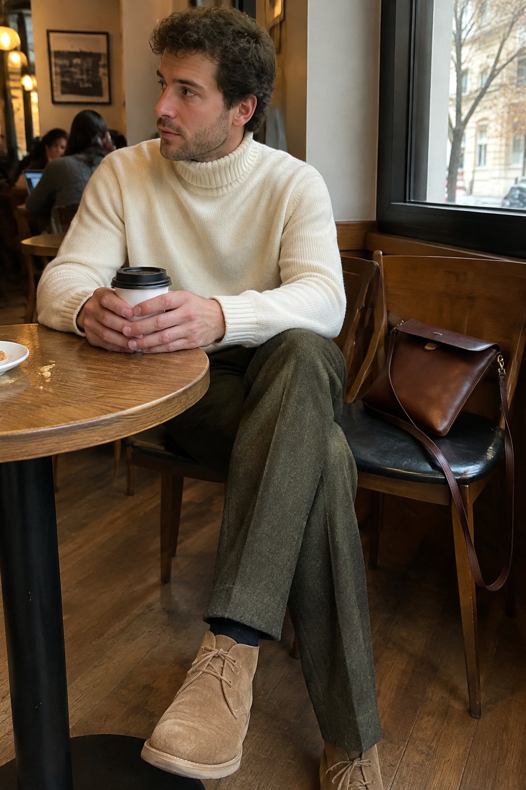 Man wearing a cream turtleneck sweater, olive wool trousers, tan suede lace-up boots, and a brown leather shoulder bag.