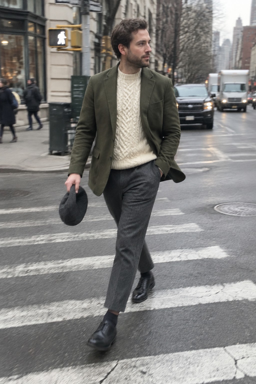 A man wears an olive blazer over a cream cable-knit sweater with charcoal trousers, black leather shoes, and a dark cap.