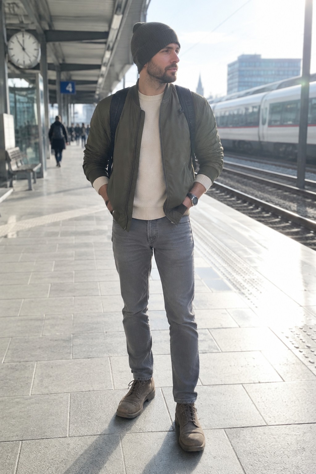 A man wears an olive bomber jacket over a cream sweater with grey jeans, brown lace-up boots, a dark beanie, a backpack, and a wristwatch.