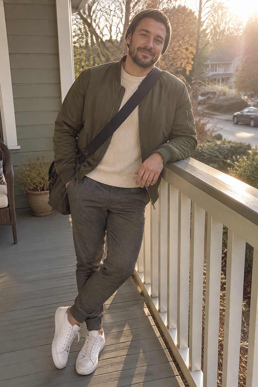 A man wears an olive bomber jacket over a cream ribbed sweater with charcoal tapered trousers, white sneakers, a dark crossbody bag, and a knit cap.