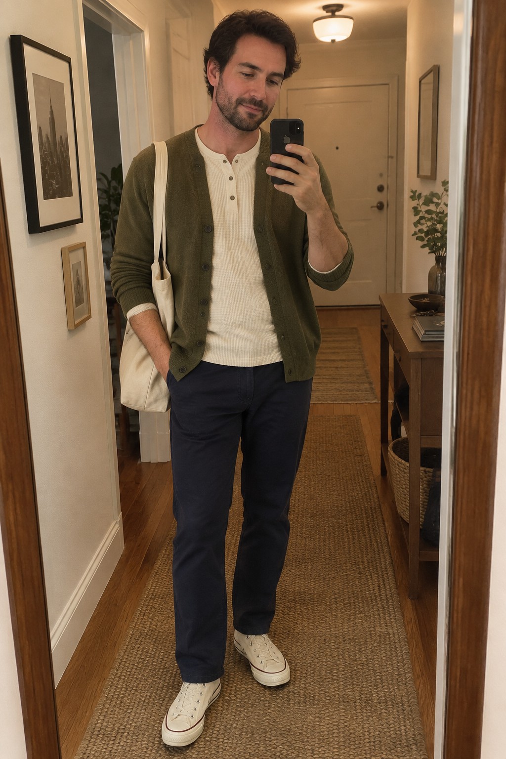 A man wears an olive button-front cardigan over a cream henley shirt, navy trousers, cream canvas sneakers, and a cream shoulder tote.