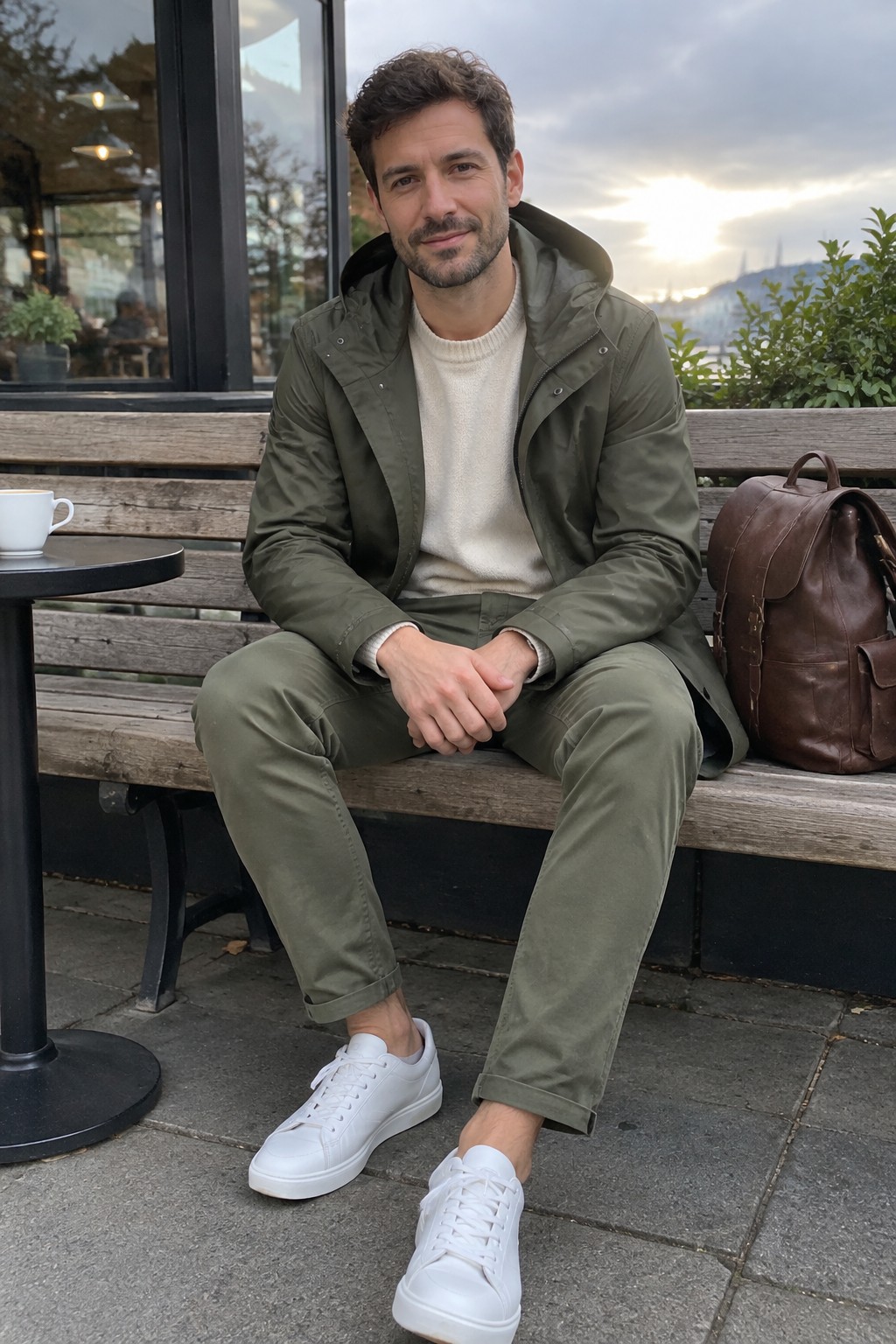 A man wearing an olive hooded jacket and matching trousers over a cream knit sweater, with white sneakers and a brown leather backpack.