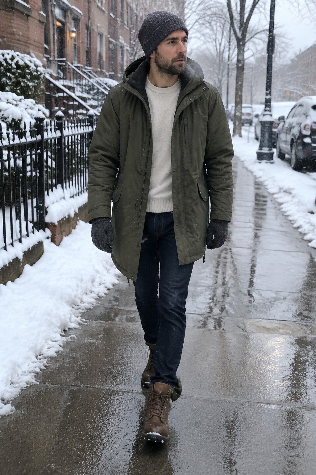 A man wearing an olive parka over a cream sweater with dark jeans, brown lace-up boots, a charcoal beanie, and gray gloves.