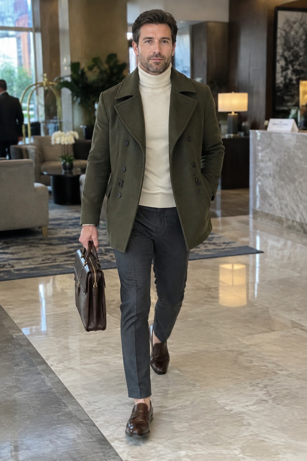 A man wearing a dark olive double-breasted peacoat over a cream turtleneck, charcoal trousers, brown leather loafers, and carrying a dark brown briefcase.