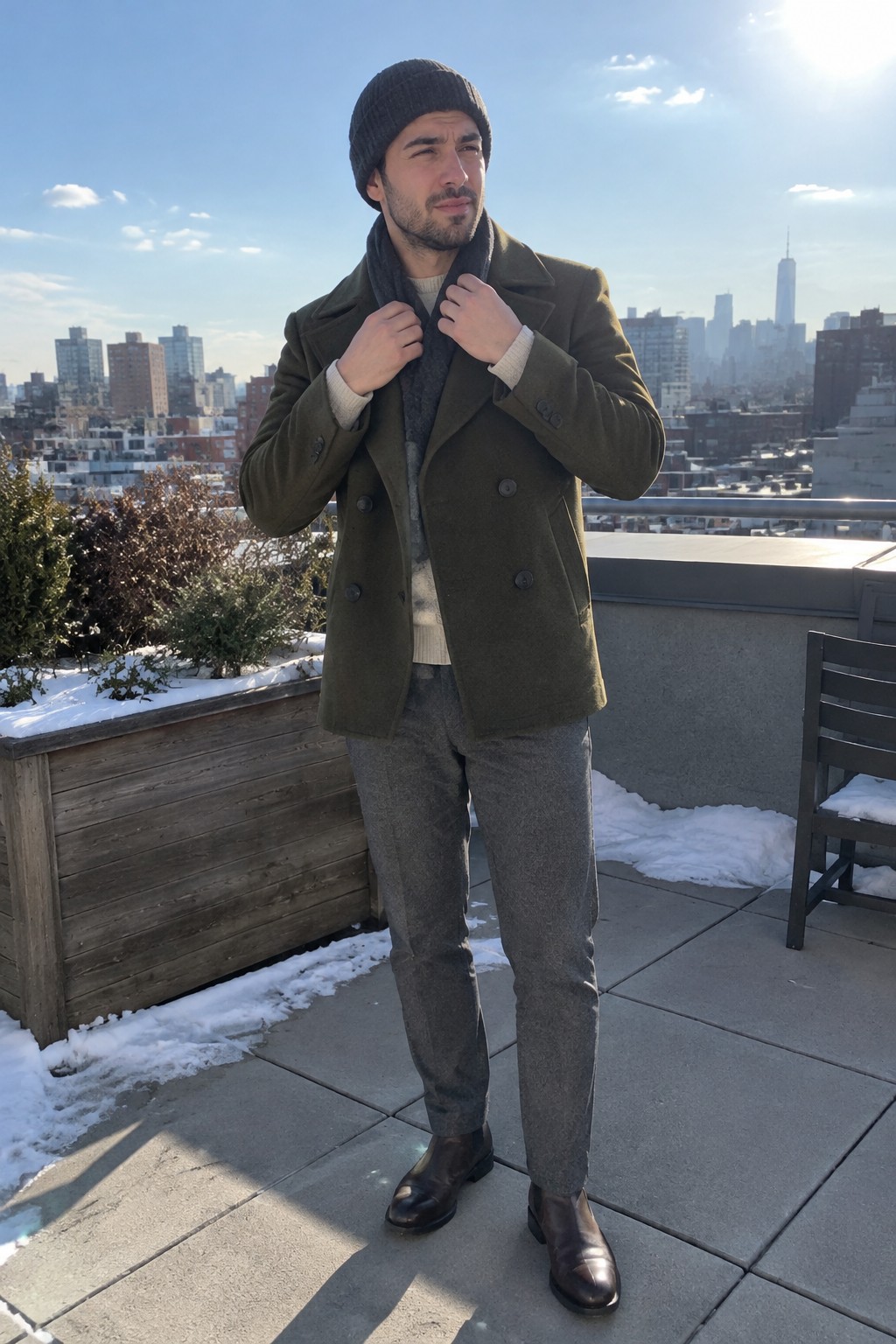 Man wearing a dark olive double-breasted peacoat over a cream sweater, charcoal scarf and beanie, grey wool trousers, and dark leather boots.