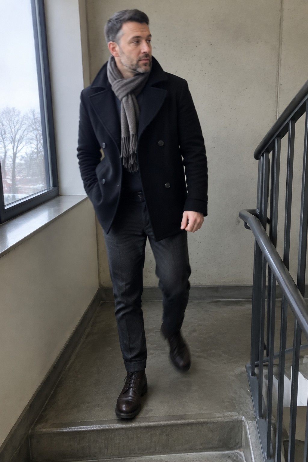 A man wears a black double-breasted peacoat, grey scarf, dark wool trousers with cuffed hems, and brown leather lace-up boots.