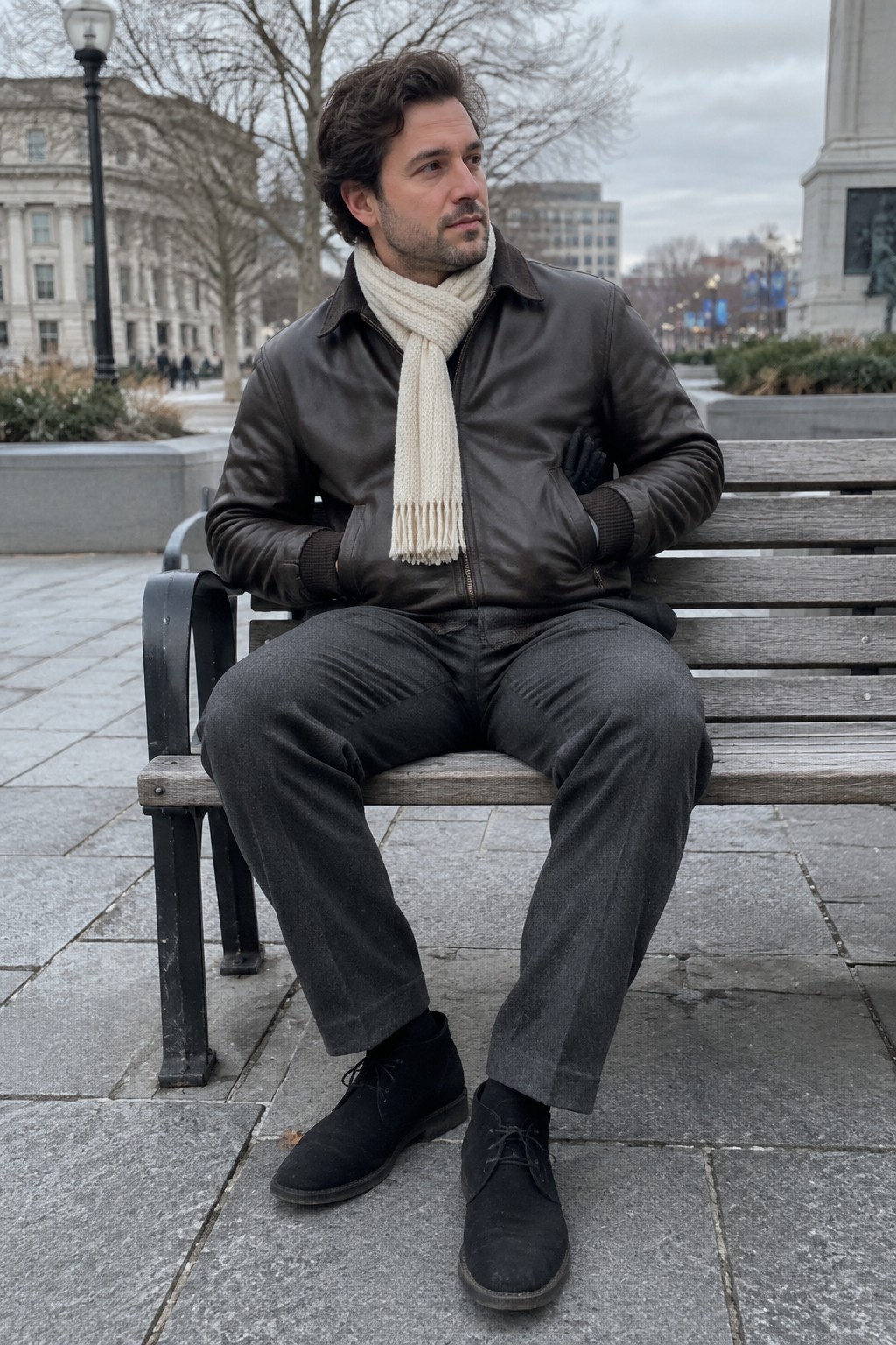 A man sits on a bench wearing a dark brown leather jacket, cream knitted scarf, charcoal tailored wool trousers, and black lace-up boots.