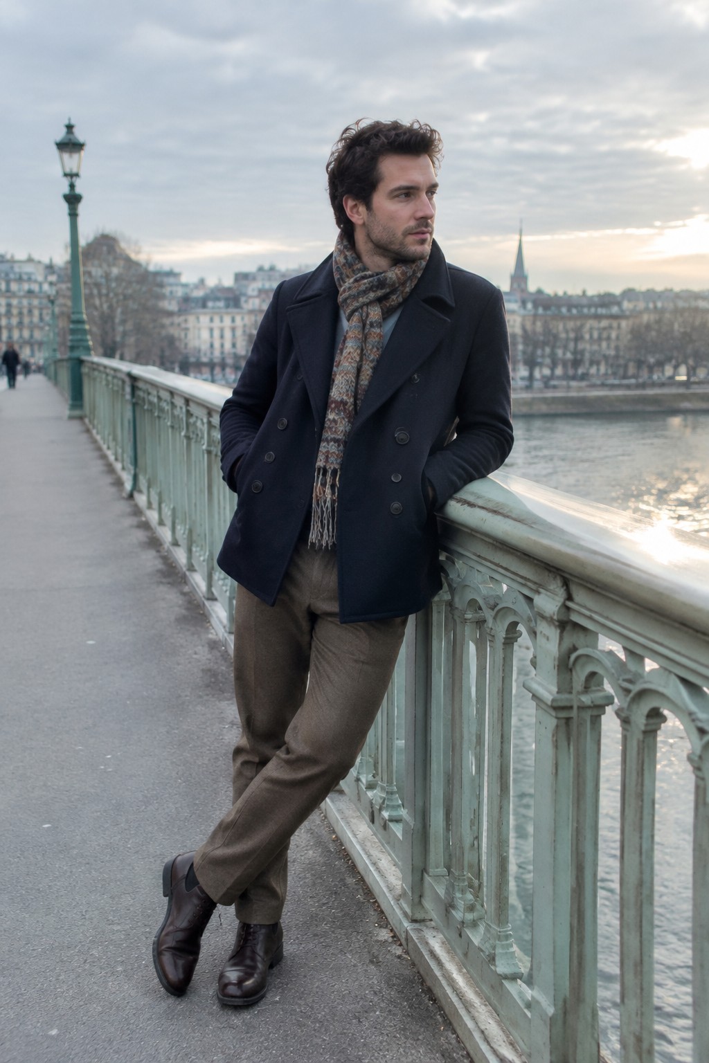 A man wearing a navy double-breasted peacoat, patterned brown scarf, brown tailored wool trousers, and dark leather lace-up boots.