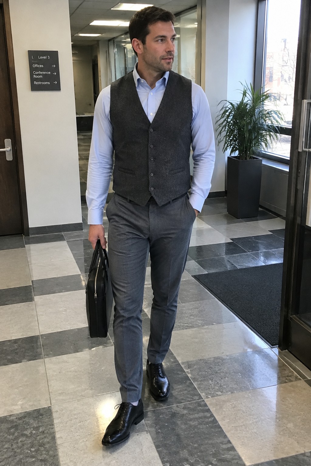 Man wearing a charcoal waistcoat, pale blue shirt, grey wool trousers, black lace-up shoes, and carrying a black briefcase.
