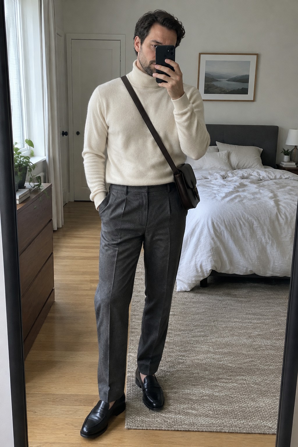 A man wears an ivory turtleneck tucked into charcoal pleated wool trousers with black leather loafers and a dark brown crossbody bag.