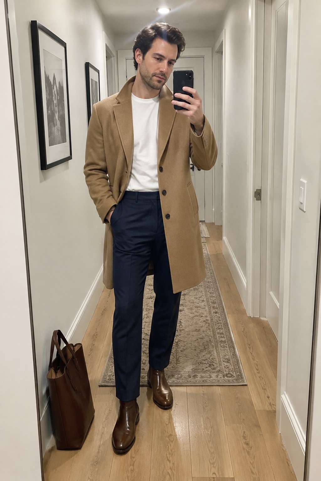 Man taking a mirror selfie in a camel wool coat, white T-shirt, navy tailored trousers, brown leather boots, and carrying a brown leather tote.