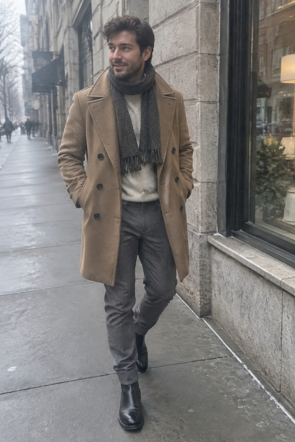 A man wearing a camel double-breasted overcoat, charcoal scarf, light sweater, tailored gray wool trousers, and black Chelsea boots.