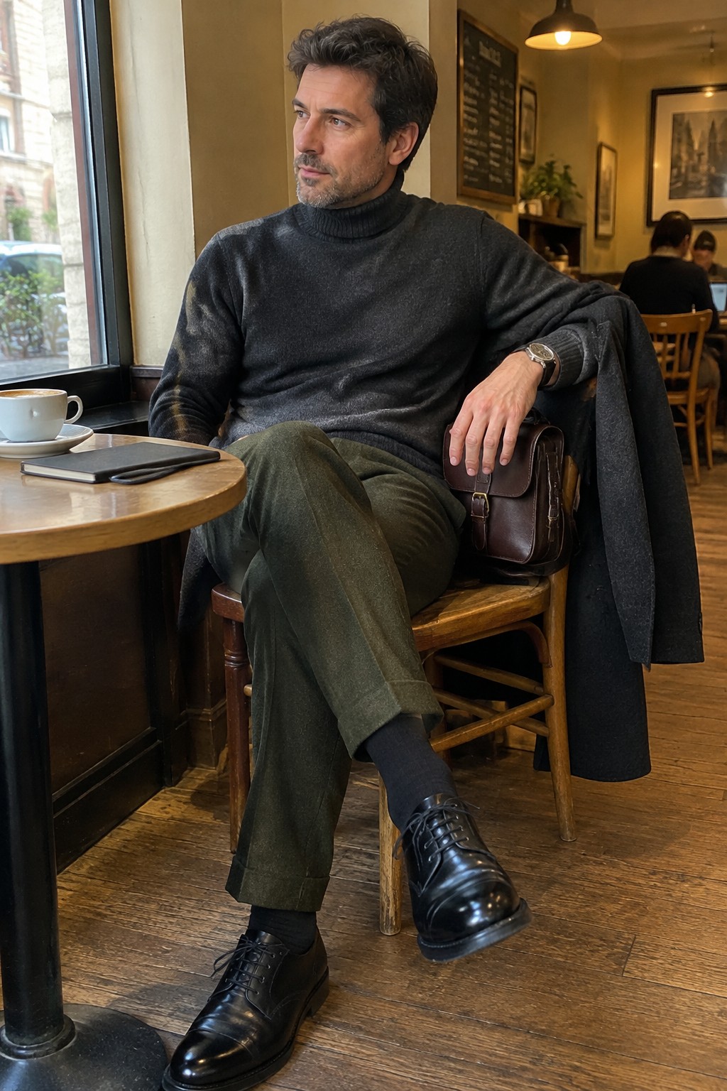 A man wearing a charcoal turtleneck, olive wool trousers, black leather lace-up shoes, and a watch, with a charcoal coat and brown leather satchel beside him.
