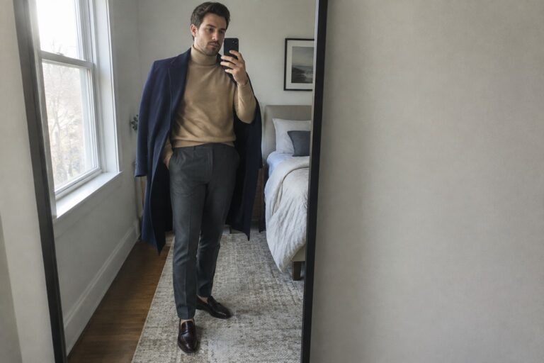 21 Refined Old Money Winter Outfits for Men Built Around Tailored Wool Trousers A man wearing a long navy overcoat over a camel turtleneck, charcoal tailored wool trousers, and dark brown loafers.