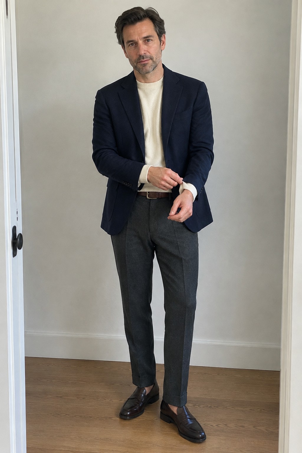 A man wearing a navy blazer over a cream sweater with charcoal wool trousers, a brown belt, and dark brown loafers.