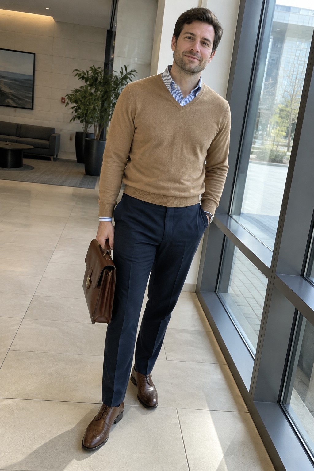 A man wearing a tan V-neck sweater over a blue striped shirt, navy tailored wool trousers, brown brogue shoes, and carrying a brown leather briefcase.