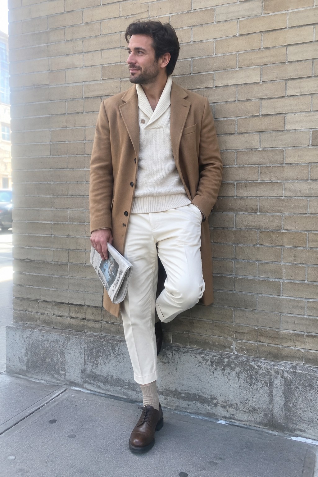 A man wears a camel wool coat over a cream shawl-collar sweater and cream cuffed trousers, with taupe socks and dark brown lace-up shoes. He holds a folded newspaper.