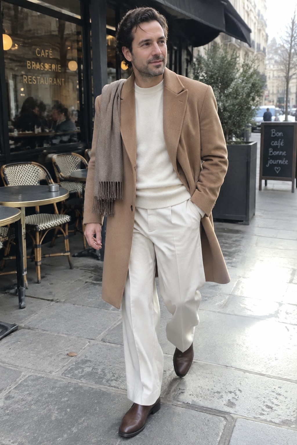 Man wearing a camel overcoat, cream sweater, wide-leg cream trousers, gray fringed scarf, and dark brown ankle boots.