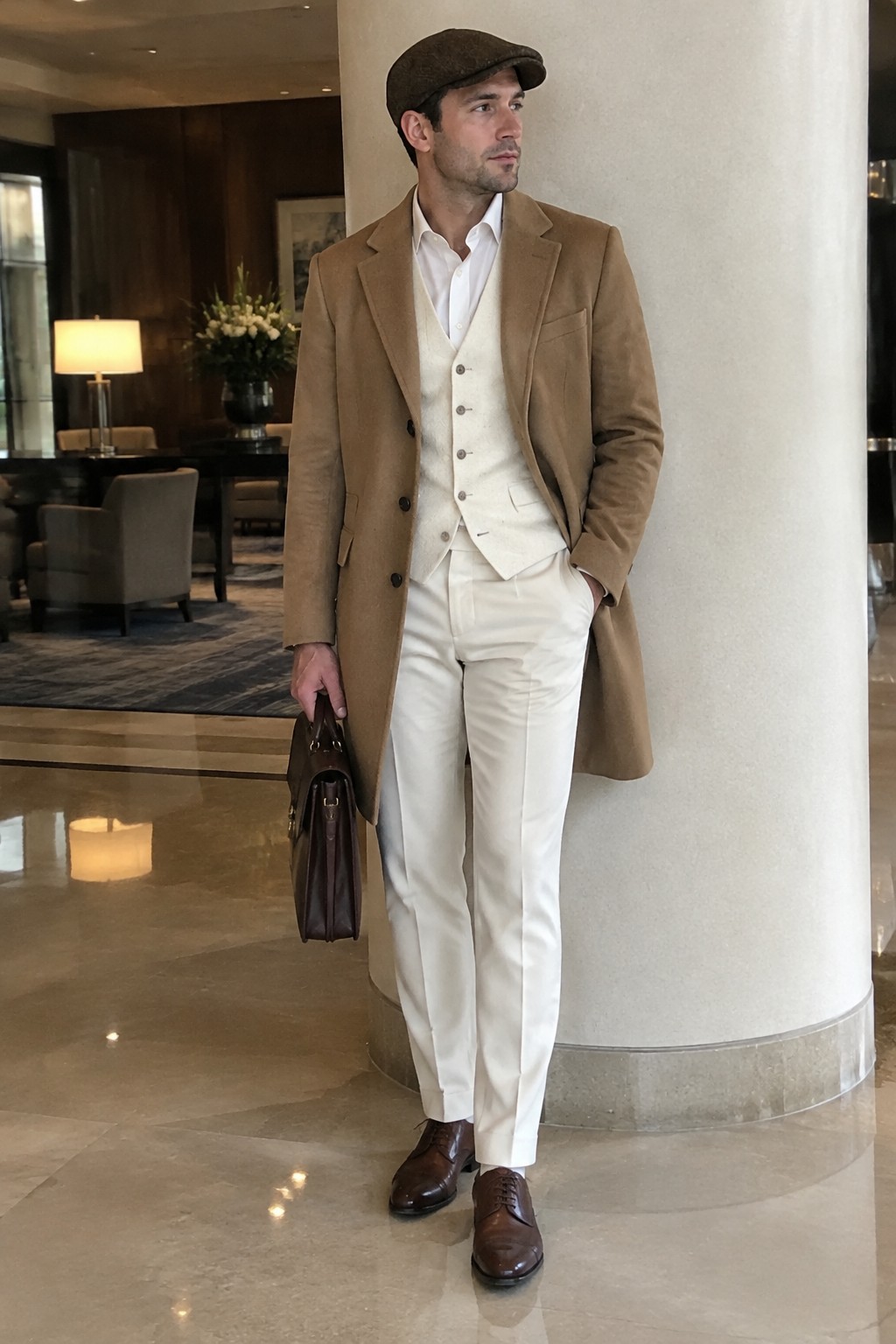 A man wearing a camel overcoat, cream waistcoat and trousers, white shirt, dark flat cap, brown lace-up shoes, and carrying a dark leather briefcase.