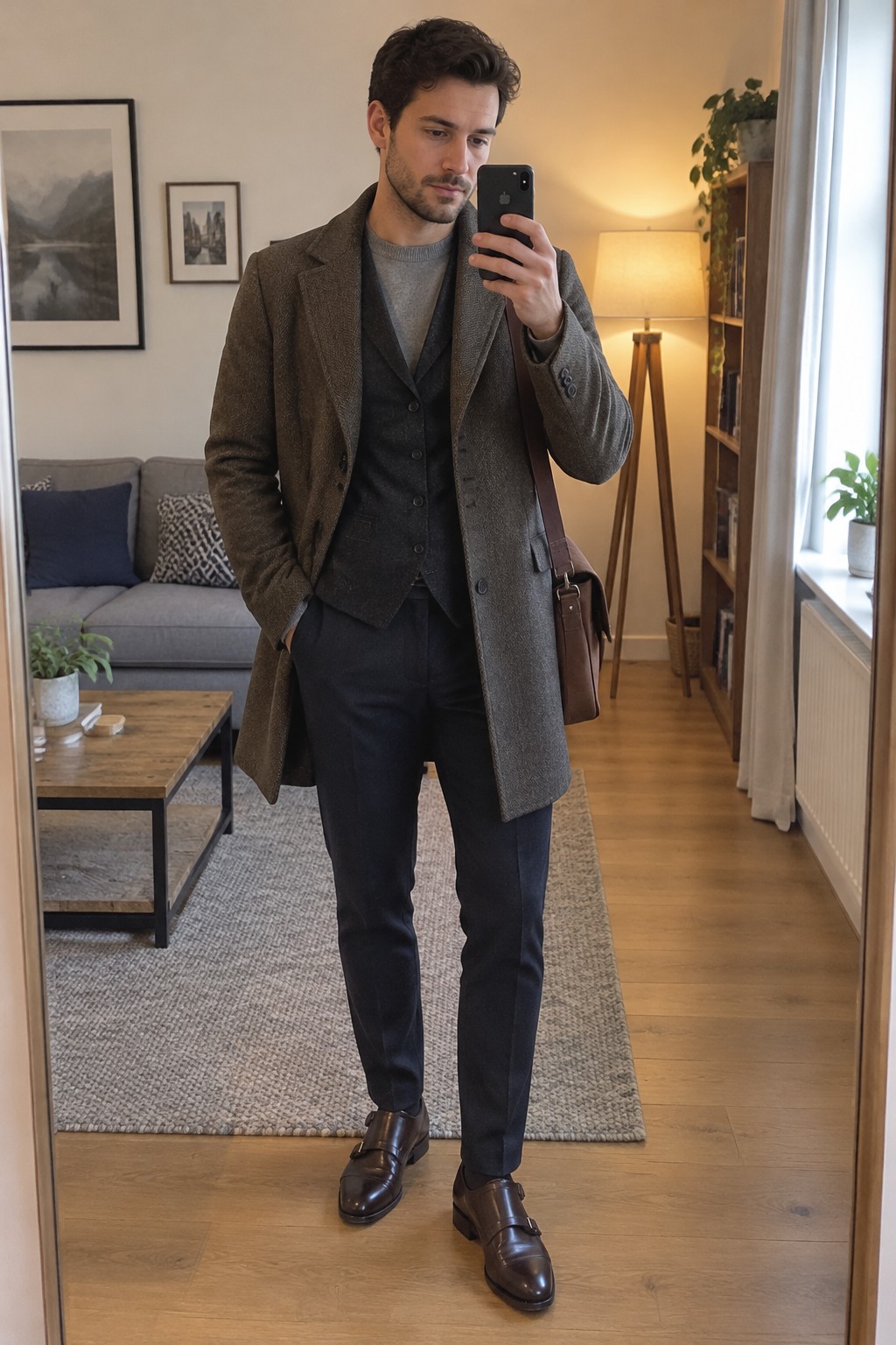 A man wearing a brown wool overcoat over a charcoal waistcoat, grey crew-neck sweater, dark navy trousers, brown monk-strap shoes, and a brown leather shoulder bag.