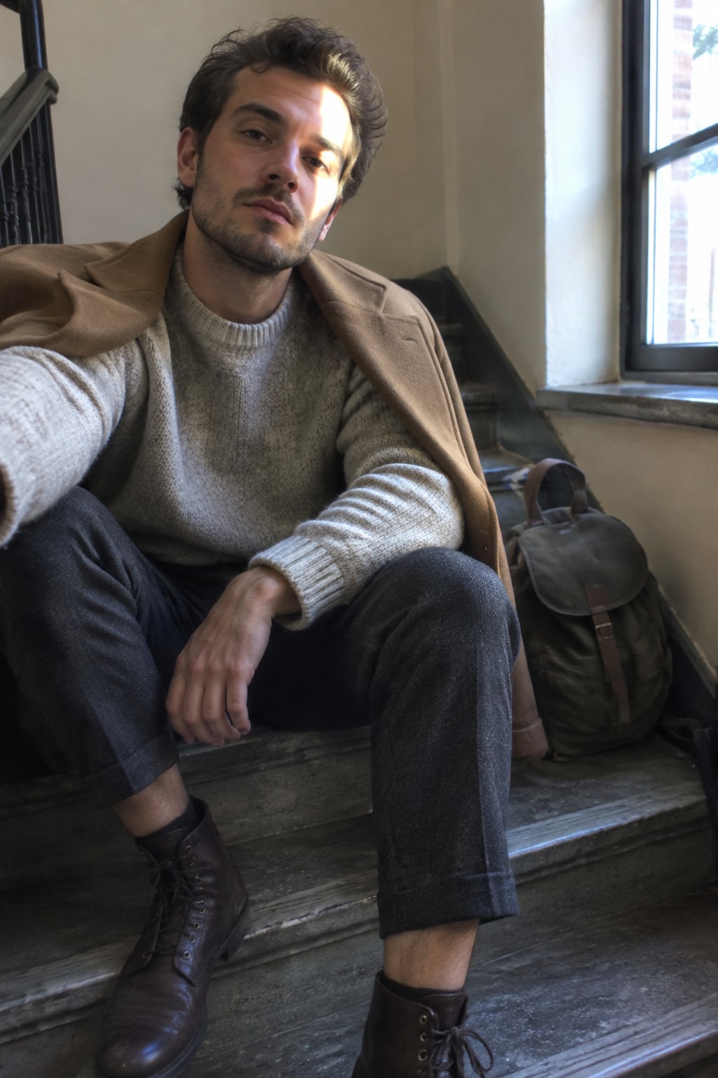 A man seated on stairs wearing a camel overcoat over a grey knit sweater, cuffed charcoal trousers, dark brown lace-up boots, and a backpack.