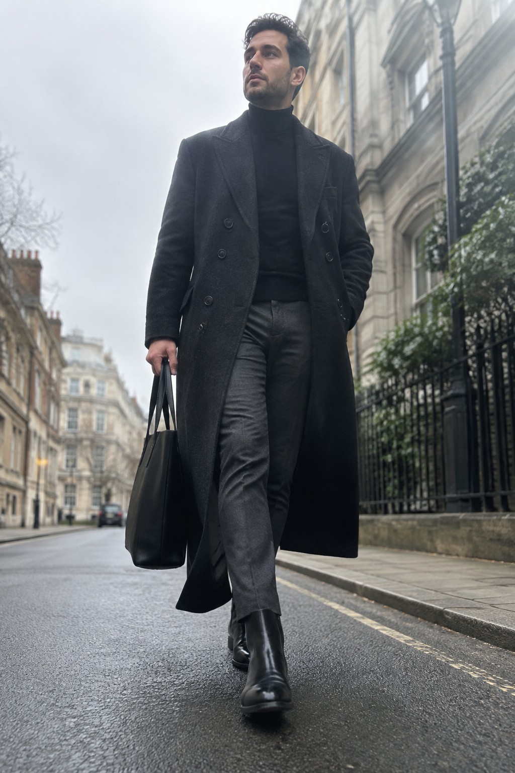 A man wearing a long charcoal double-breasted overcoat over a black turtleneck, grey trousers, and black Chelsea boots, carrying a black tote.